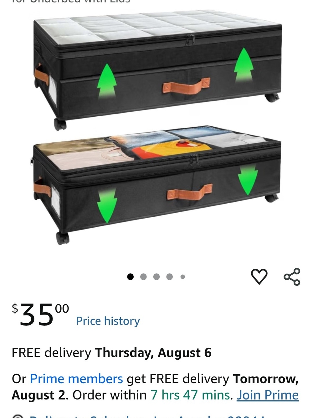 Underbed Storage Organizer with Zippered Lid and Leather Handles, Black - Picture 2 of 7